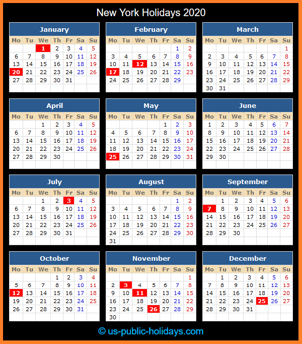 New York Holiday Calendar 2020